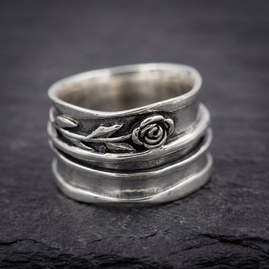 Silver Floral Engraved Statement Ring