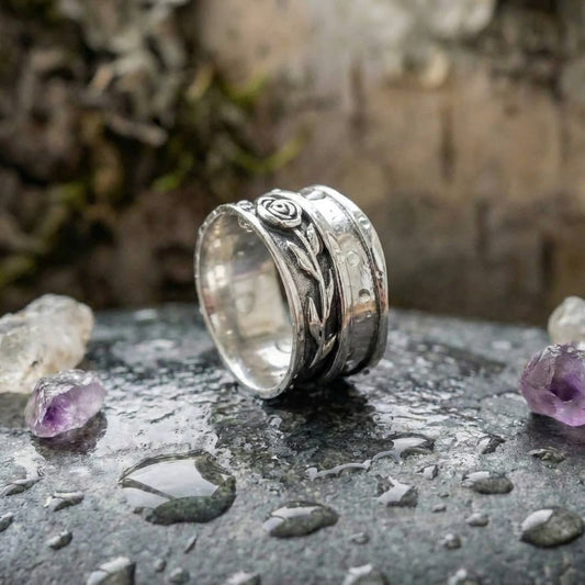Silver Floral Engraved Statement Ring