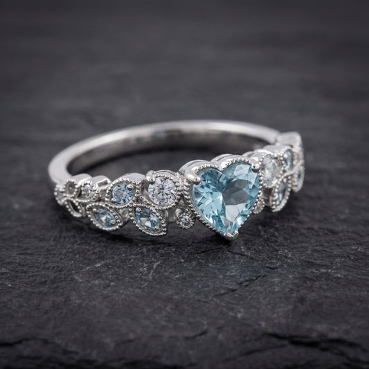 Silver Leaf Heart Blue Stone Ring