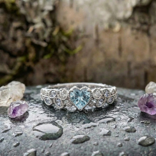 Silver Leaf Heart Blue Stone Ring