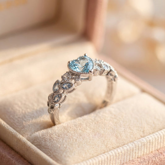 Silver Leaf Heart Blue Stone Ring