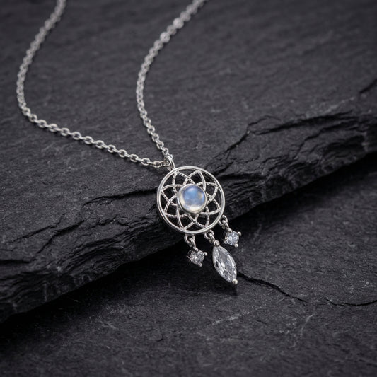 Silver Moon Crystal Dreamcatcher Necklace
