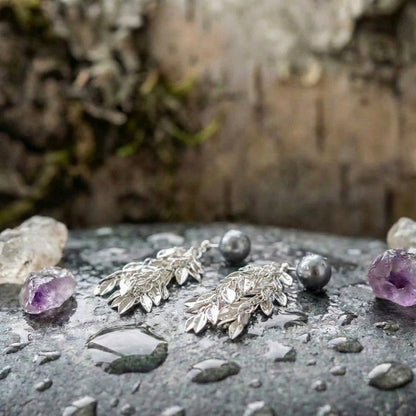 Silver Pearl Leaf Dangle Earrings