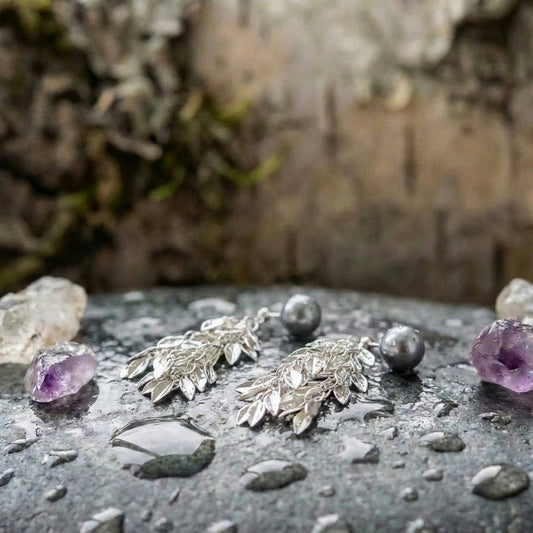 Silver Pearl Leaf Dangle Earrings