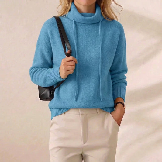 Sky Blue Drawstring Cowl Neck Knit Pullover