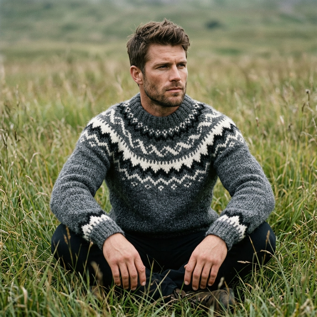 Slate Grey & Ivory Icelandic Chevron Yoke Crewneck