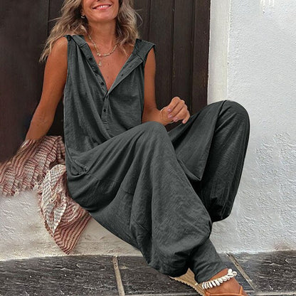 Sleeveless Hooded Linen Jumpsuit