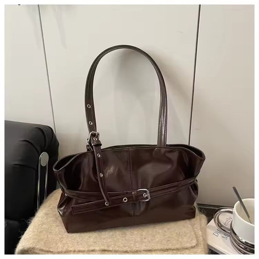 Slouchy Leather Shoulder Bag – Retro Belted Buckle Tote With Eyelet Strap Detail