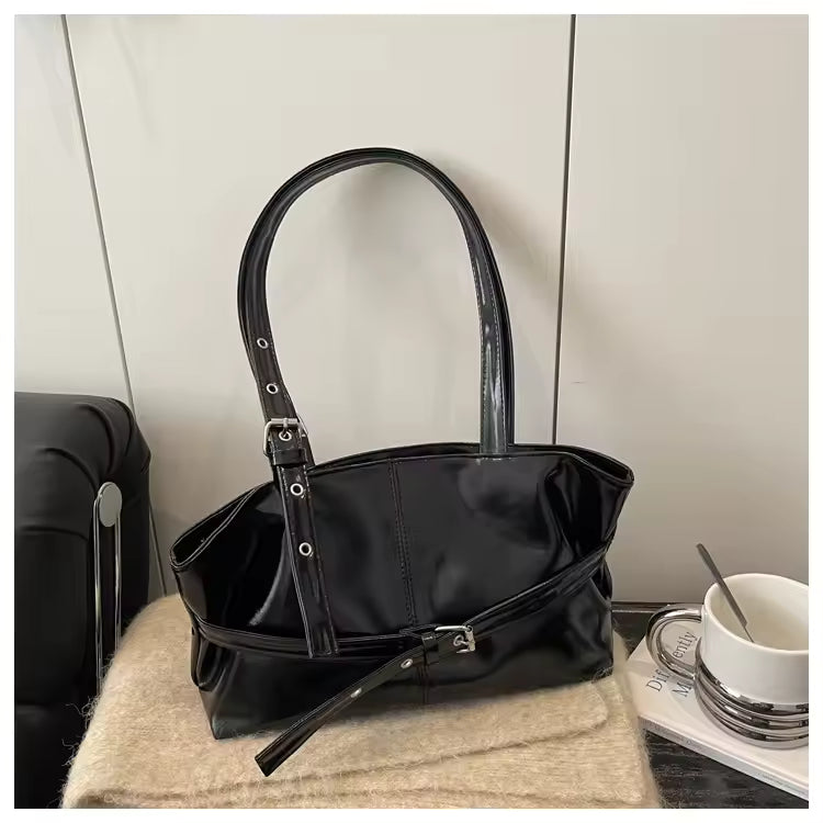 Slouchy Leather Shoulder Bag – Retro Belted Buckle Tote With Eyelet Strap Detail