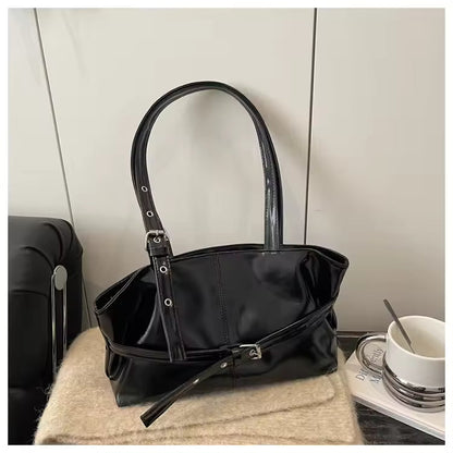 Slouchy Leather Shoulder Bag – Retro Belted Buckle Tote With Eyelet Strap Detail