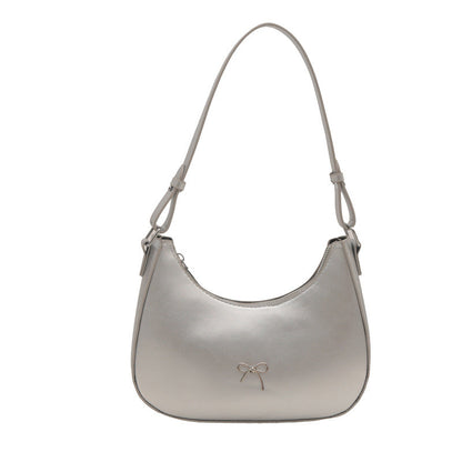 Smooth Leather Crescent Shoulder Bag – Dainty Bow Charm Zip Hobo Purse