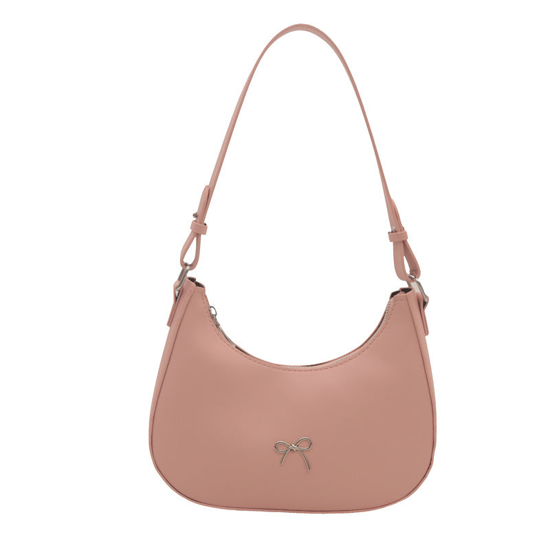 Smooth Leather Crescent Shoulder Bag – Dainty Bow Charm Zip Hobo Purse