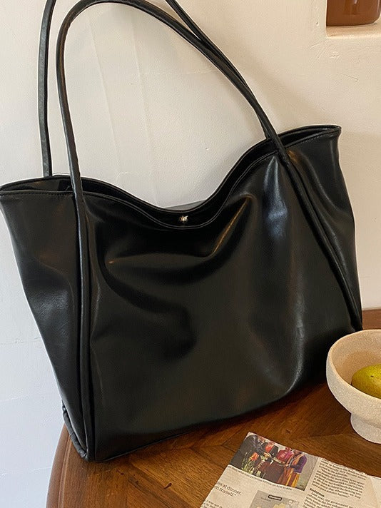 Smooth Leather Wavy Top Tote Bag – Large Soft Shoulder Handbag With Snap