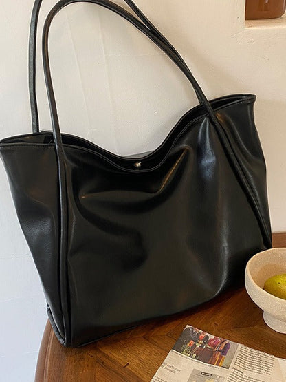 Smooth Leather Wavy Top Tote Bag – Large Soft Shoulder Handbag With Snap