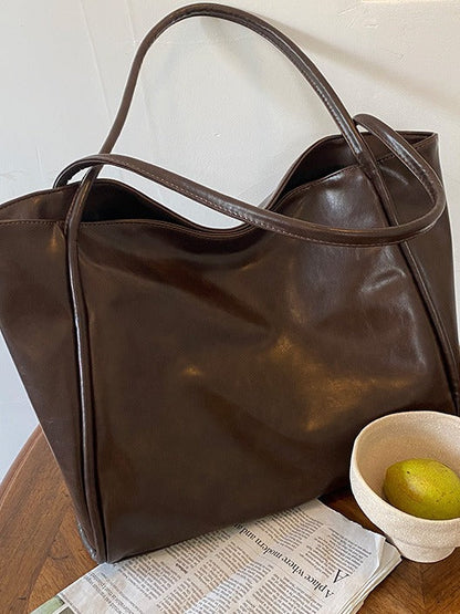 Smooth Leather Wavy Top Tote Bag – Large Soft Shoulder Handbag With Snap