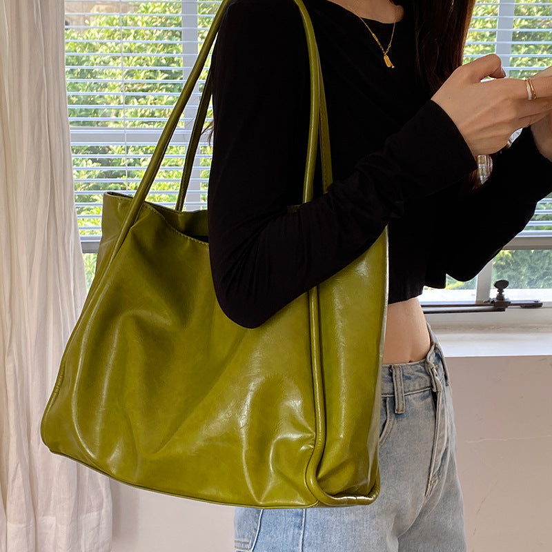 Smooth Leather Wavy Top Tote Bag – Large Soft Shoulder Handbag With Snap