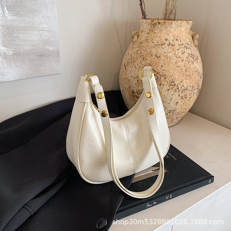 Soft Leather Crescent Shoulder Bag – Adjustable Strap Zip Hobo Purse With Gold