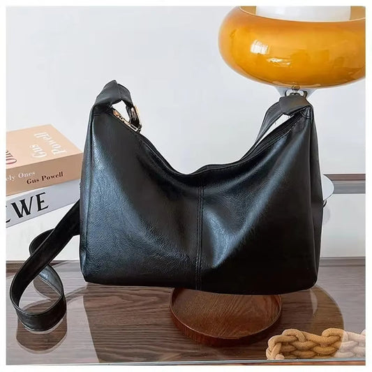 Soft Leather Slouch Shoulder Bag – Minimalist Half Moon Hobo Crossbody Purse