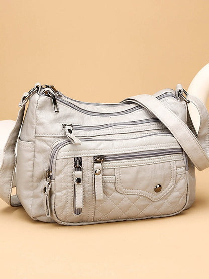 Soft Washed Leather Multi Pocket Crossbody Bag – Casual Zip Shoulder Purse With Stud Detail