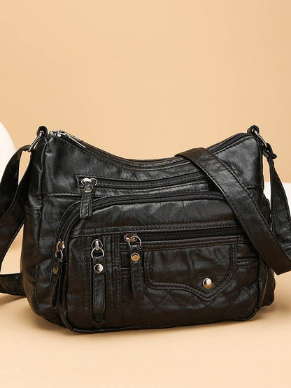 Soft Washed Leather Multi Pocket Crossbody Bag – Casual Zip Shoulder Purse With Stud Detail