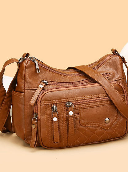 Soft Washed Leather Multi Pocket Crossbody Bag – Casual Zip Shoulder Purse With Stud Detail