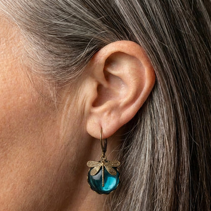 Spherical Dragonfly Earrings In Antique Gold