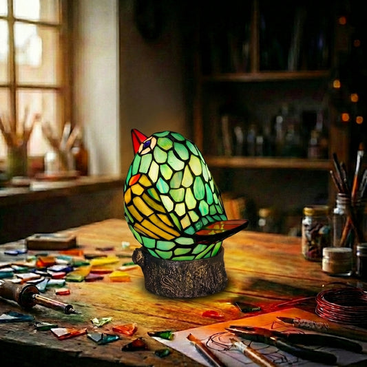 Stained Glass Bird Table Lamp  Green & Yellow
