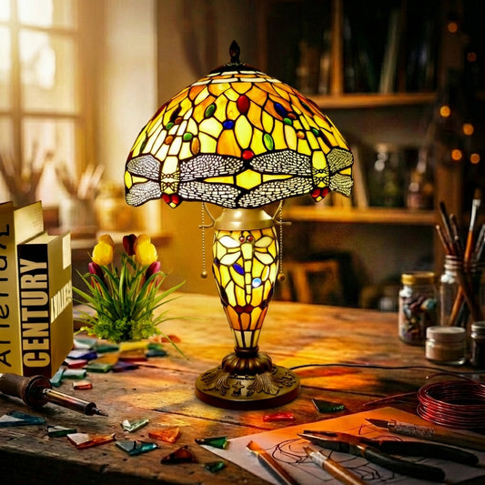 Stained Glass Double Dragonfly Table Lamp   Yellow