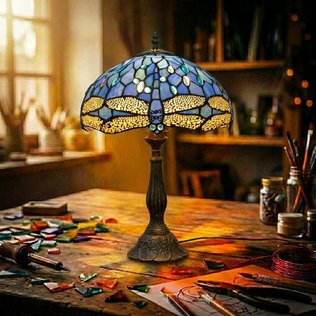 Stained Glass Dragonfly Table Lamp   Blue