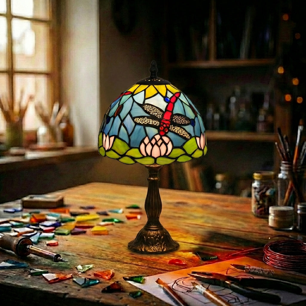 Stained Glass Dragonfly Table Lamp   Blue & Green