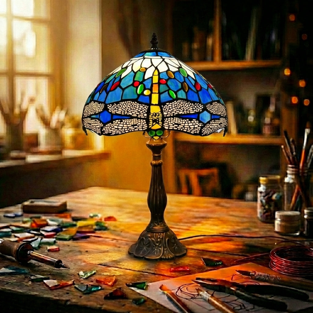 Stained Glass Dragonfly Table Lamp   Blue Mosaic