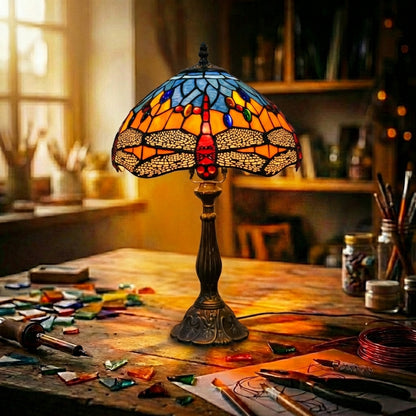 Stained Glass Dragonfly Table Lamp   Orange & Blue