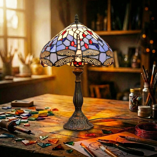 Stained Glass Dragonfly Table Lamp   Purple & Blue