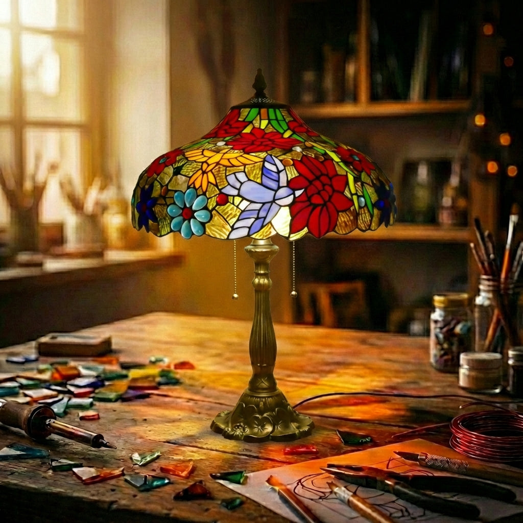 Stained Glass Hummingbird Table Lamp   Multicolor Floral