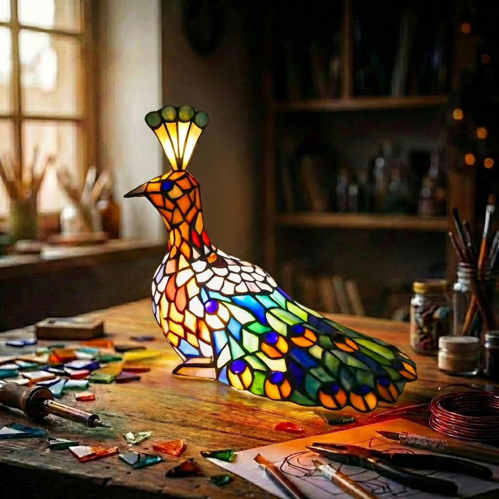 Stained Glass Peacock Figurine Lamp  Multicolor