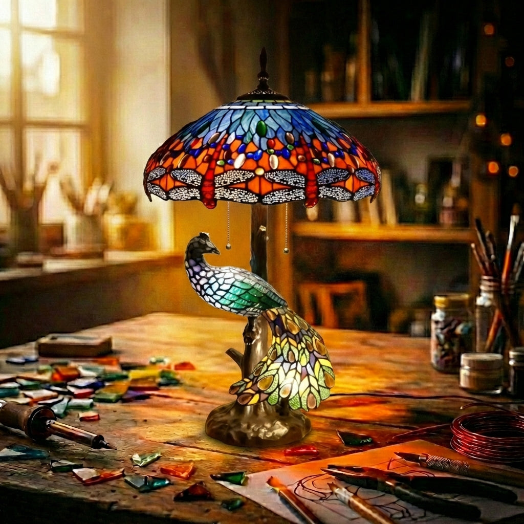 Stained Glass Peacock Table Lamp   Dragonfly Shade Orange