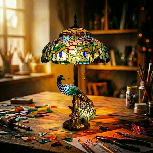 Stained Glass Peacock Table Lamp   Floral Dome Victorian