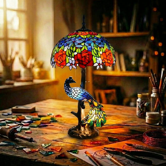 Stained Glass Peacock Table Lamp   Floral Shade Multicolor