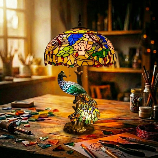 Stained Glass Peacock Table Lamp   Lotus & Dragonfly Multicolor