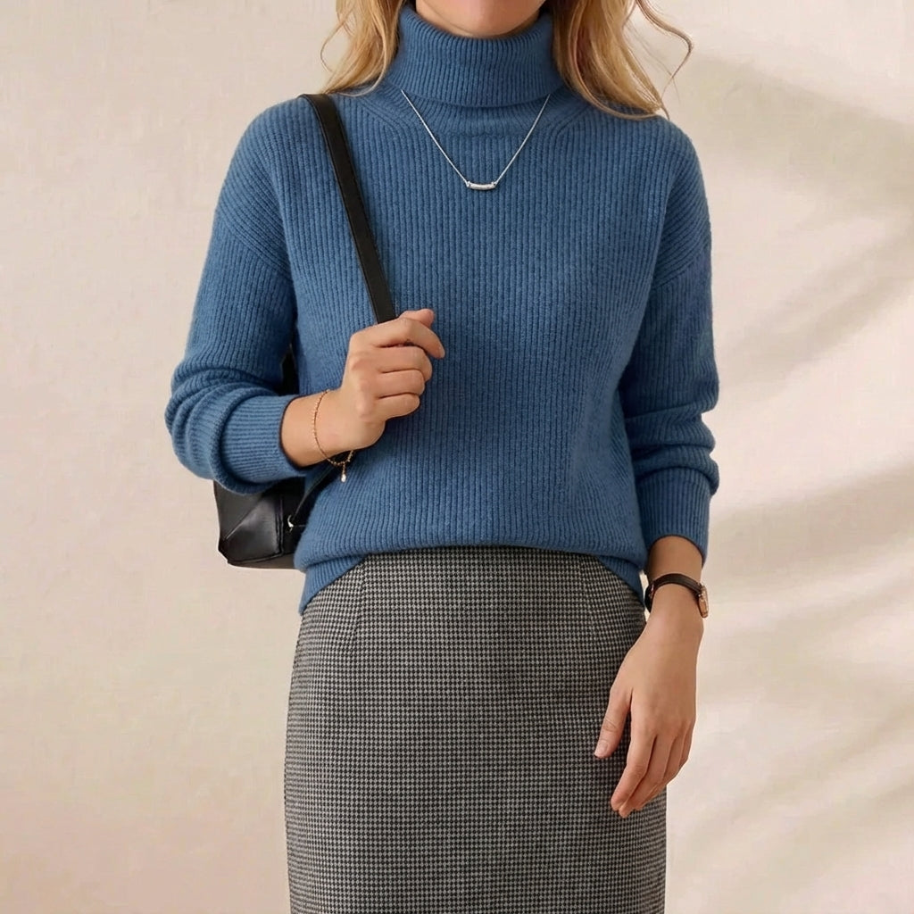 Steel Blue Ribbed Turtleneck Classic Fitted Knit Pullover
