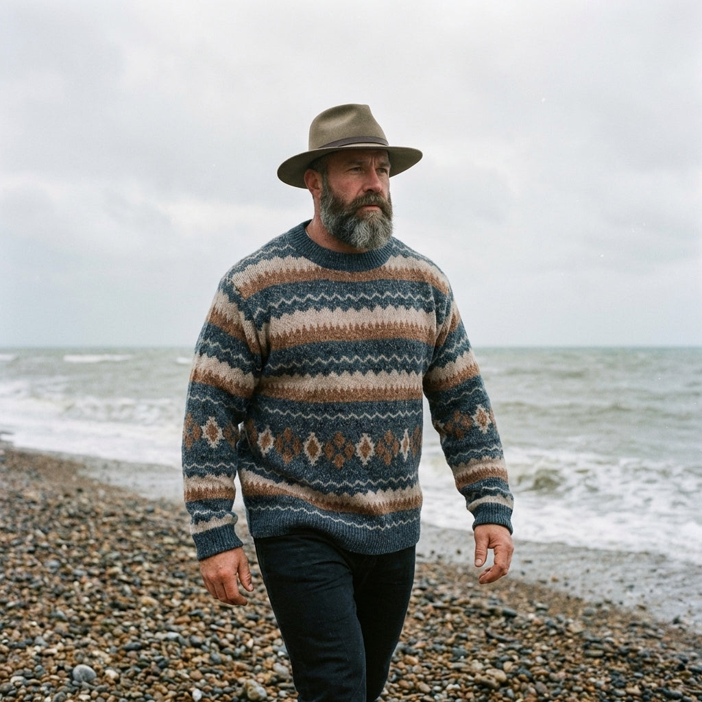 Steel Blue & Camel Horizontal Stripe Fair Isle Crewneck