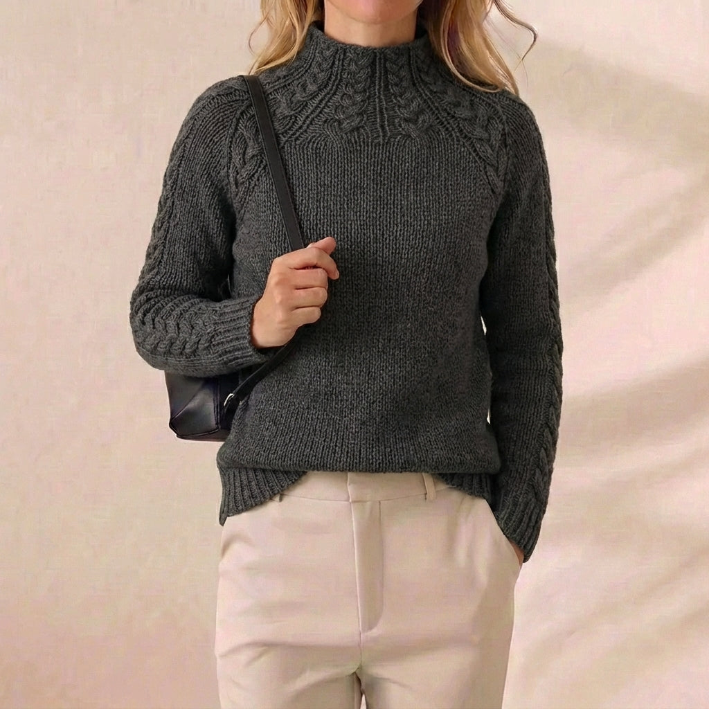 Stormy Cable Mock Neck Charcoal Raglan Knit Sweater