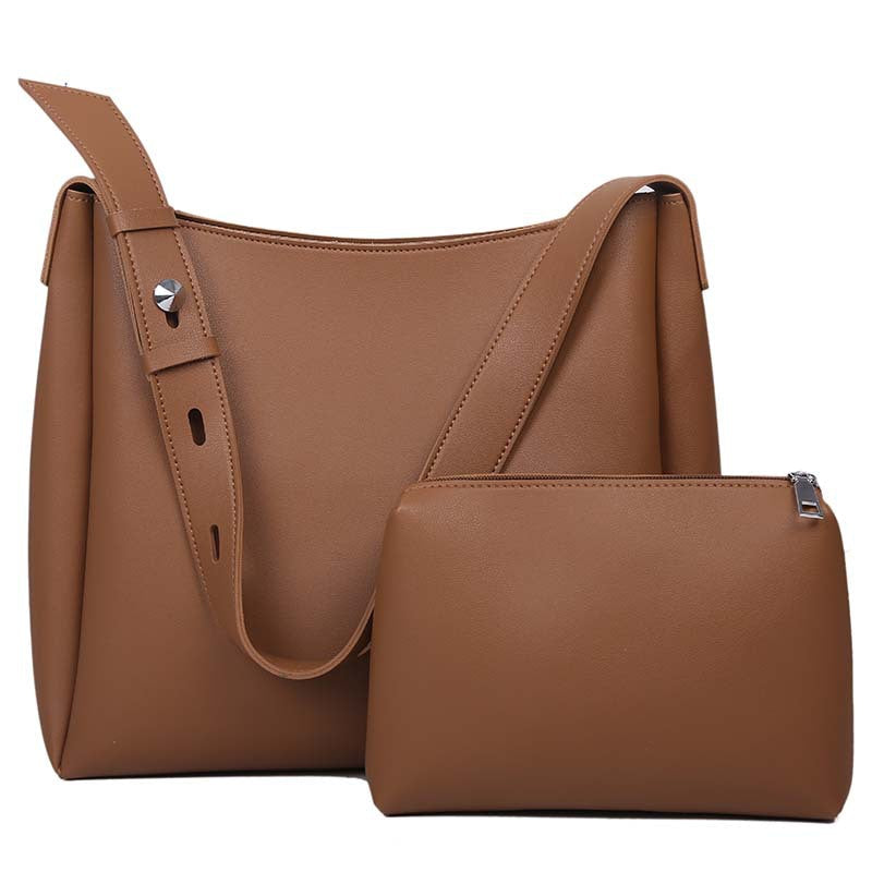 Structured Leather Bucket Shoulder Bag – 2 Piece Set With Matching Zip Pouch