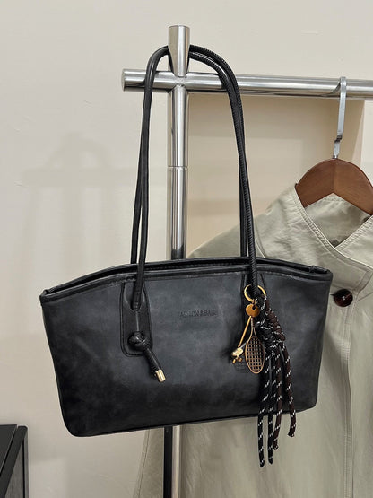 Structured Leather East West Shoulder Bag – Knot Rope Detail With Tassel Charm