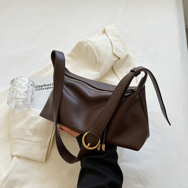 Structured Pebbled Leather Crossbody Bag – Top Handle Shoulder Bag With Gold Ring Strap
