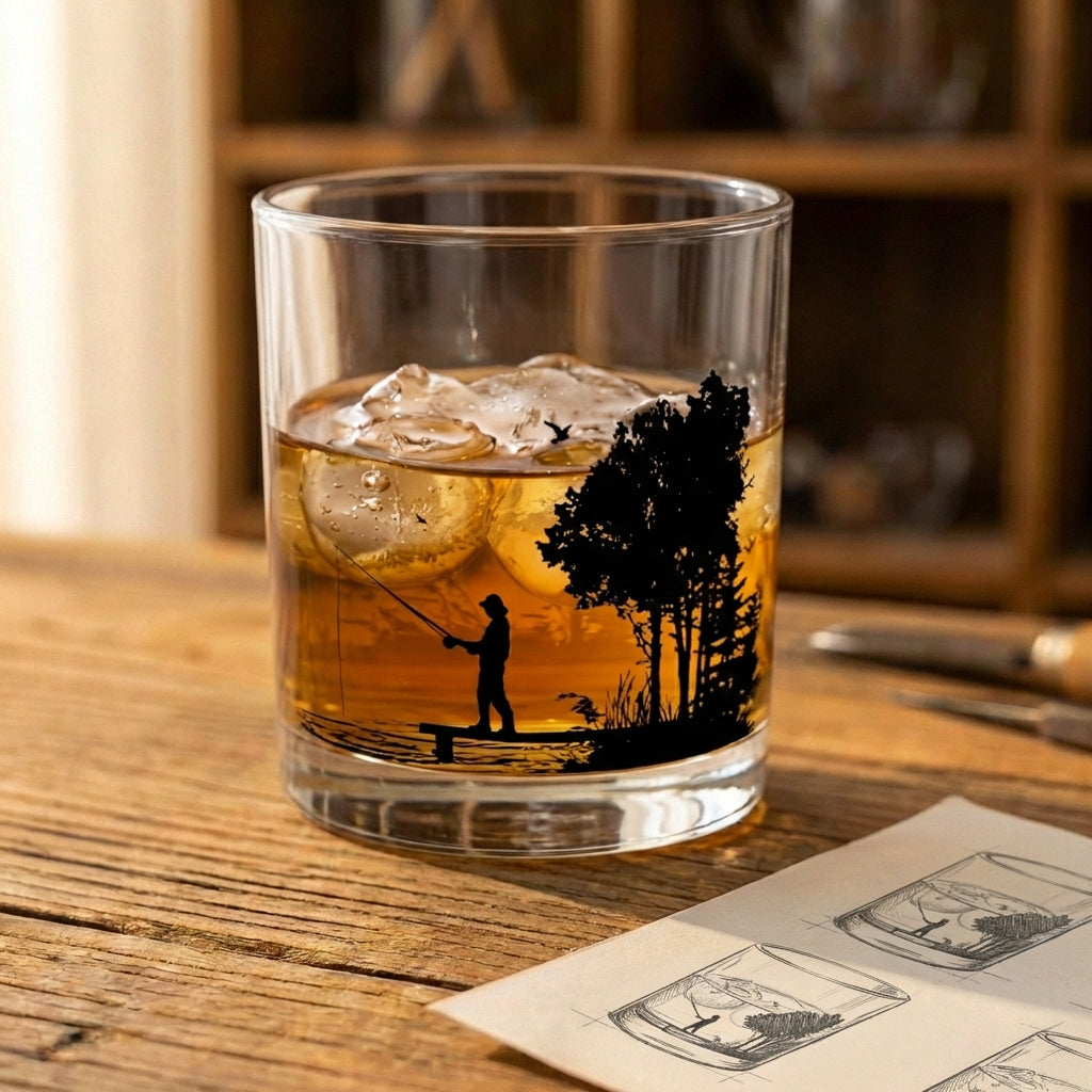 Sunset Fishing Silhouette Whiskey Glass