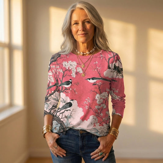 Sweatshirt With Birds & Cherry Blossom Pattern