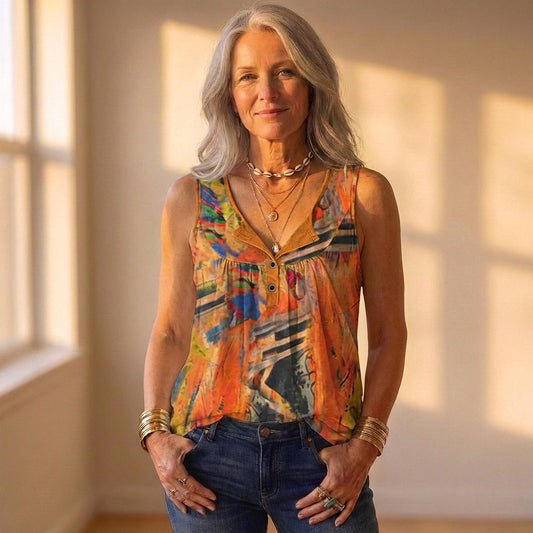 Tank Top Multicolor With Abstract Watercolor & Stripe Pattern
