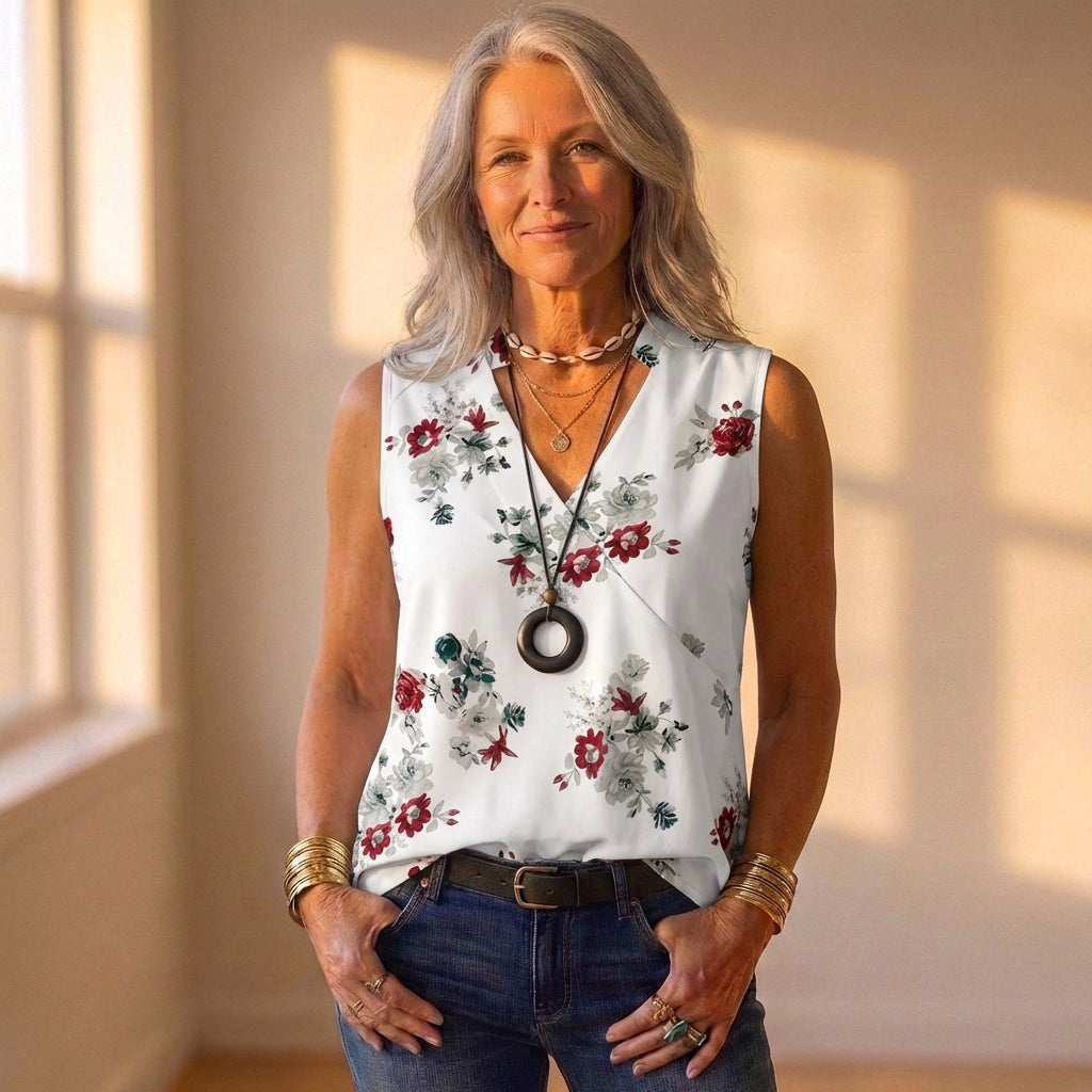 Tank Top White With Red & Gray Floral Pattern
