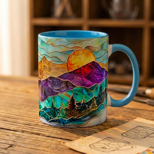 Teal Mountain Sunset Stained Glass Mug